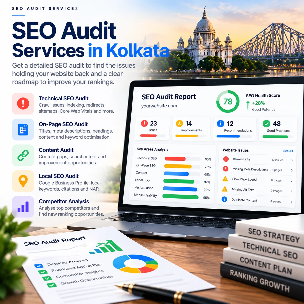 SEO audit services covering technical, on-page, content and local search analysis